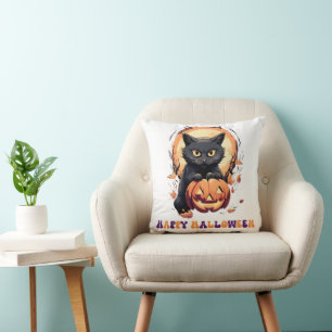 Happy Halloween Black Cat Pumpkin Halloween Cushion