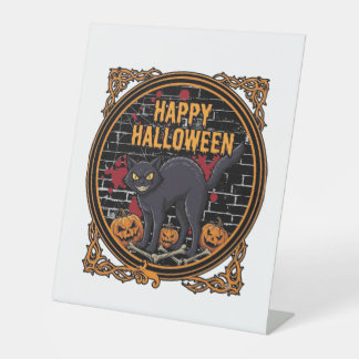 Happy Halloween Black Cat Pumpkins Bones_1 Pedestal Sign