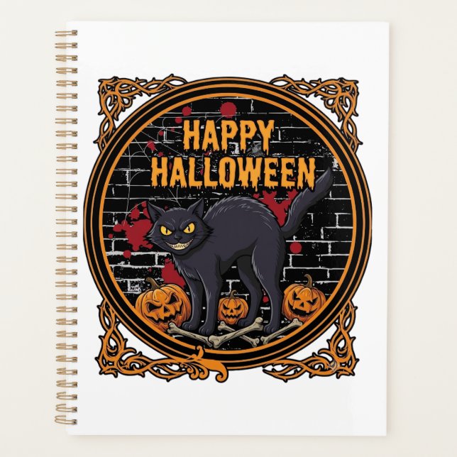 Happy Halloween Black Cat Pumpkins Bones_1 Planner (Front)