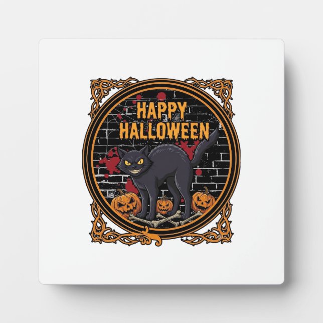 Happy Halloween Black Cat Pumpkins Bones_1 Plaque (Front)