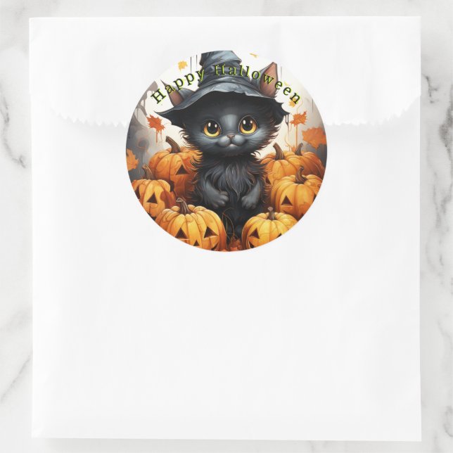 Happy Halloween Black Cat Pumpkins Classic Round Sticker (Bag)