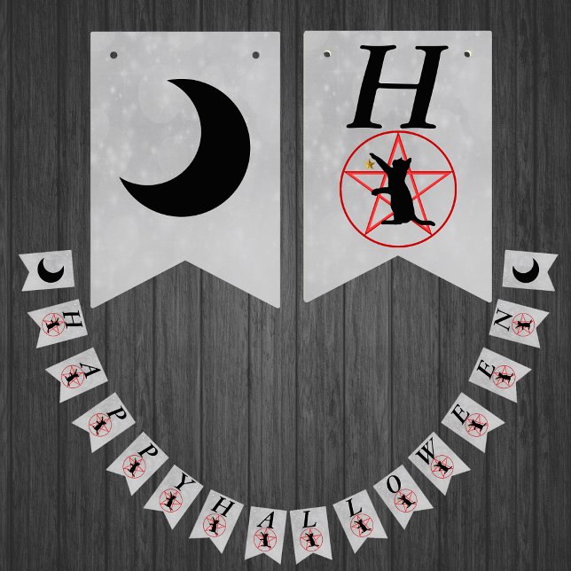 Happy Halloween Black Cat Red Pentagram Grey Bunting (Black cat on red pentagram black moons on grey Happy Halloween party banner.)