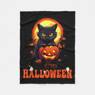Happy Halloween Black Cat Scary Cat Ghost Pumpkin Fleece Blanket