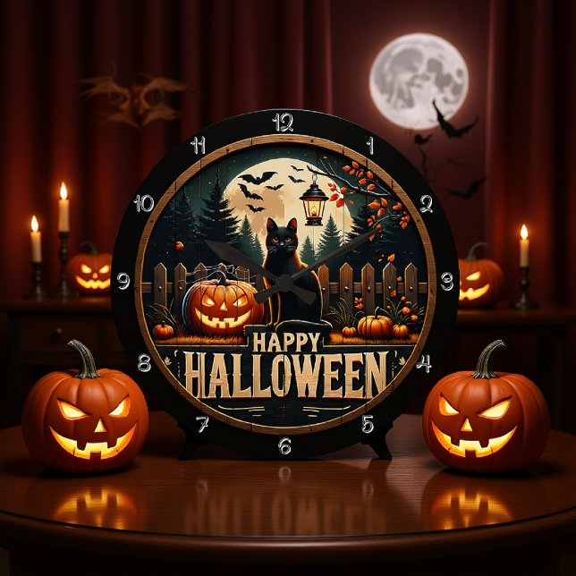 Happy Halloween Black Cat Scene Large Clock (Creator Uploaded)