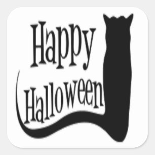 "HAPPY HALLOWEEN" BLACK CAT SQUARE STICKER