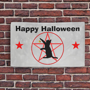 Happy Halloween Black Cat Stars Pentagram Grey Banner