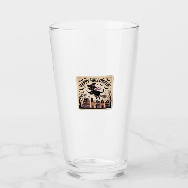 Happy Halloween Black Cat Witch Classic T-Shirt Glass (Front)
