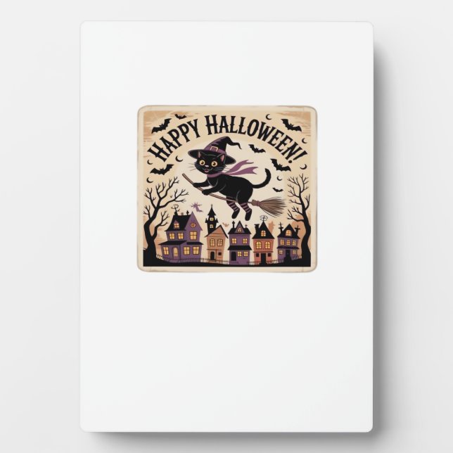 Happy Halloween Black Cat Witch Classic T-Shirt Plaque (Front)