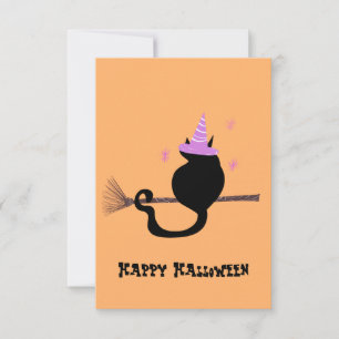 Happy Halloween Black Cat Witch Hat and Broom Card