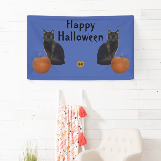 Happy Halloween Black Cats Pumpkins on Blue  Banner (Insitu)
