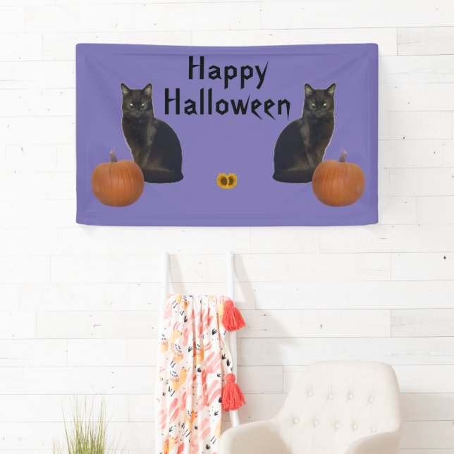Happy Halloween Black Cats Pumpkins on Purple  Banner (Insitu)