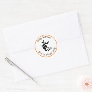 Happy Halloween Black Flying Witch Custom Name Classic Round Sticker