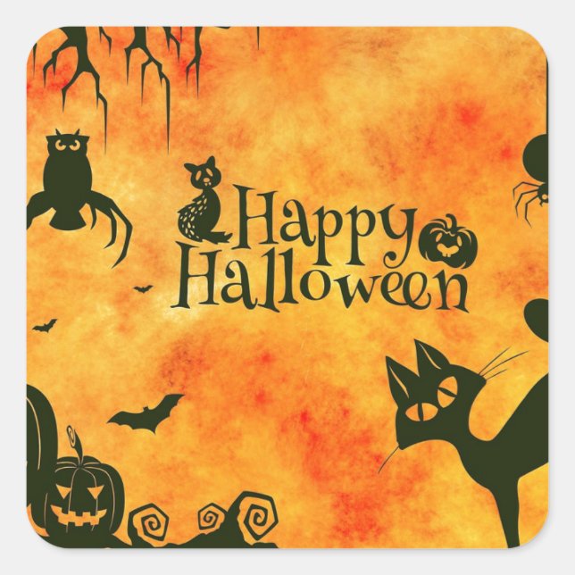 Happy Halloween Black Kitty Square Sticker (Front)