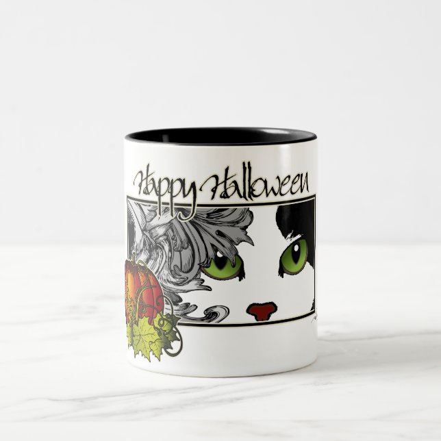 Happy Halloween Black 'n White Cat Two-Tone Coffee Mug (Center)