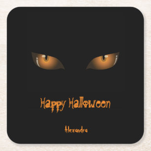 Happy Halloween Black Orange Cat Eyes Square Paper Coaster