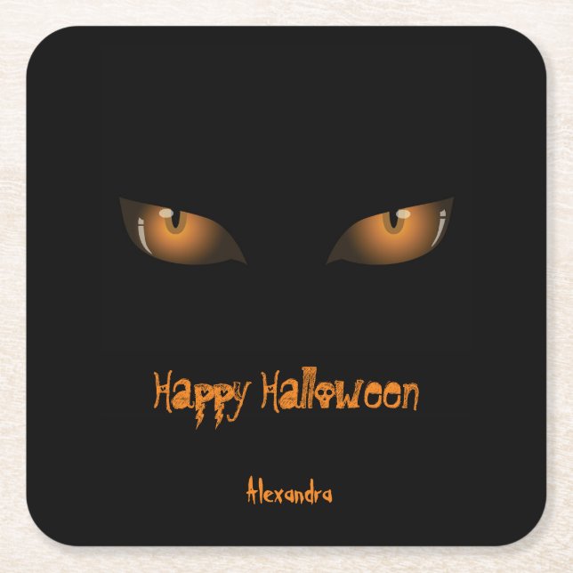 Happy Halloween | Black Orange Cat Eyes Square Paper Coaster (Front)