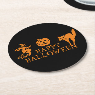Happy Halloween black orange spooky  Round Paper Coaster