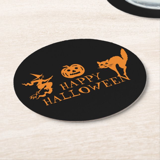 Happy Halloween black orange spooky  Round Paper Coaster (Angled)