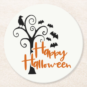 Happy Halloween Black Orange Tree Scary Bats Crow Round Paper Coaster