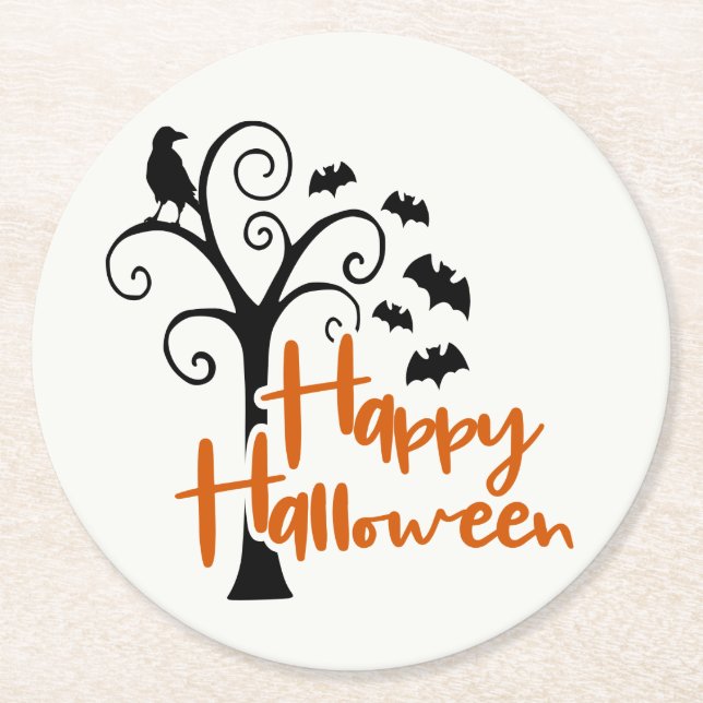 Happy Halloween Black Orange Tree Scary Bats Crow Round Paper Coaster (Front)