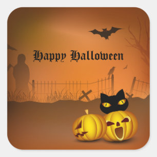 Happy Halloween Black Pumpkin Patch Cat Square Sticker