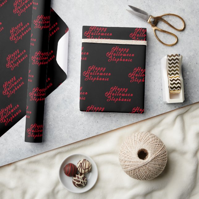 Happy Halloween Black Red Name Modern Pattern Wrapping Paper (Crafts)