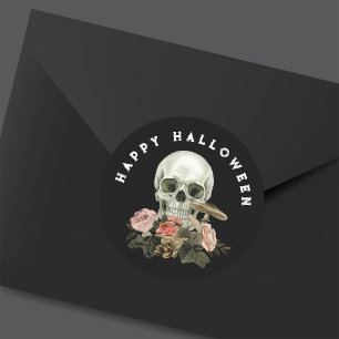 Happy Halloween Black Skull Pink Floral Classic Round Sticker