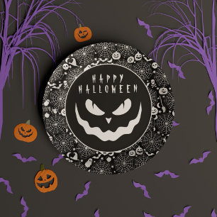 Happy Halloween Black & White Jack o Lantern Face Paper Plate