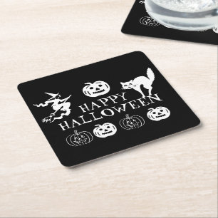 Happy Halloween black white spooky decor Square Paper Coaster