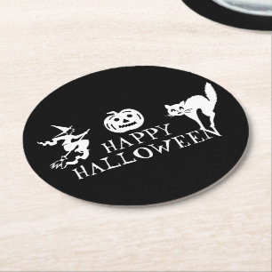 Happy Halloween black white spooky Round Paper Coaster