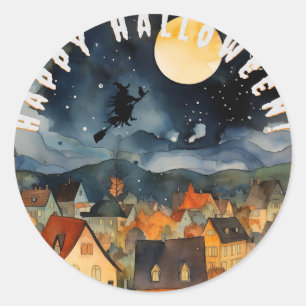 Happy halloween black white  witch classic round sticker