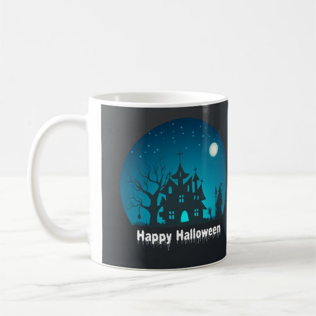 Happy Halloween Blue and Black Haunted House Coffee Mug (Left)