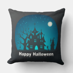 Happy Halloween Blue and Black Haunted House Cushion