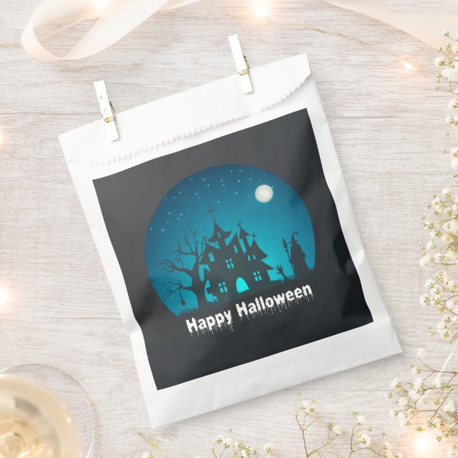 Happy Halloween Blue and Black Haunted House Favour Bag (Clipped)