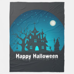 Happy Halloween Blue and Black Haunted House Fleece Blanket