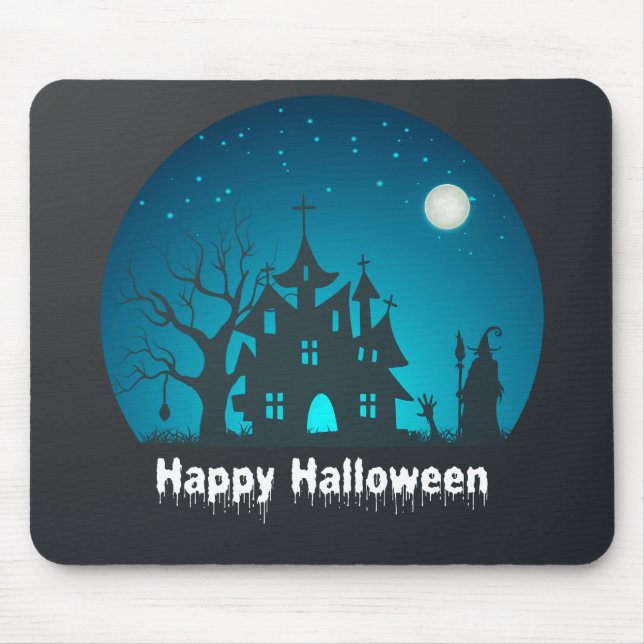 Happy Halloween Blue and Black Haunted House Mouse Pad (Front)