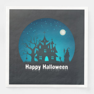 Happy Halloween Blue and Black Haunted House Napkin