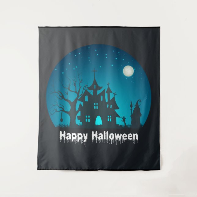 Happy Halloween Blue and Black Haunted House Tapestry (Front)