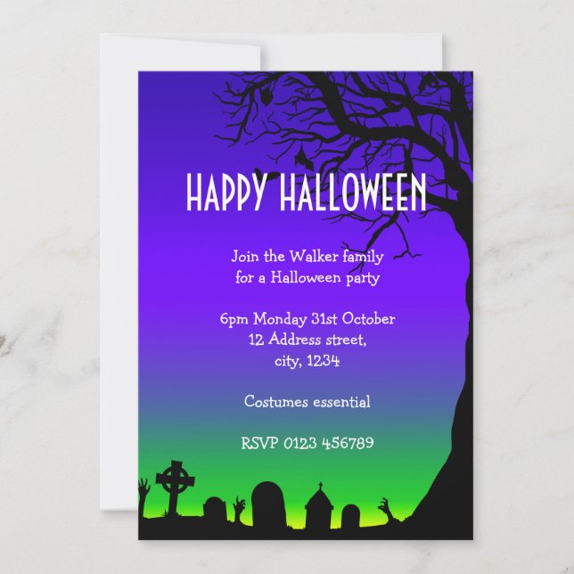 Happy Halloween blue and green cemetery glow Invitation (Front)