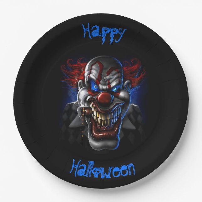Happy Halloween Blue Eyes Evil Clown Paper Plate (Front)