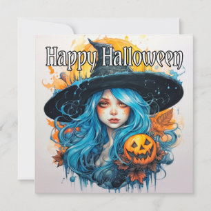 Happy Halloween Blue Haired Witch Card