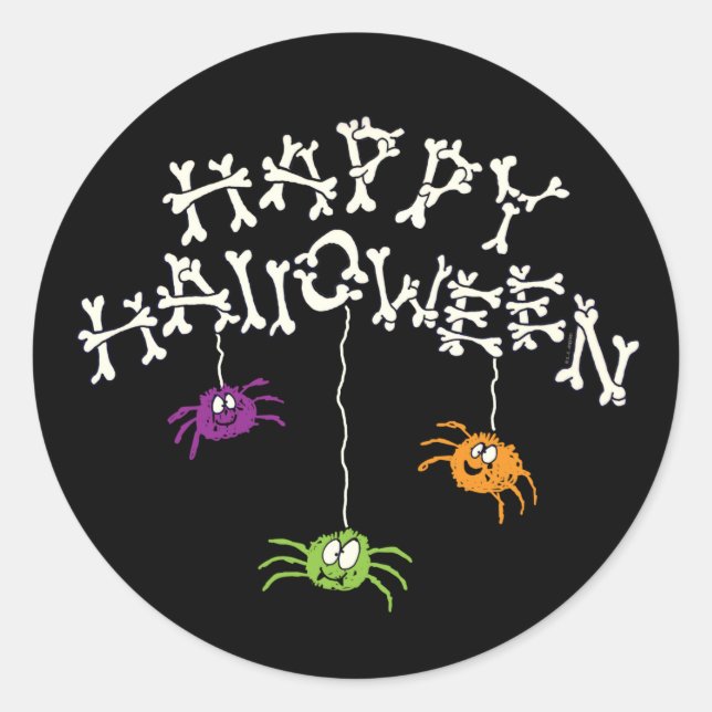 Happy Halloween Bones and Spiders Classic Round Sticker (Front)