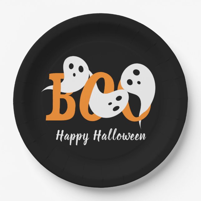 Happy Halloween Boo Ghosts Black Paper Plate (Front)