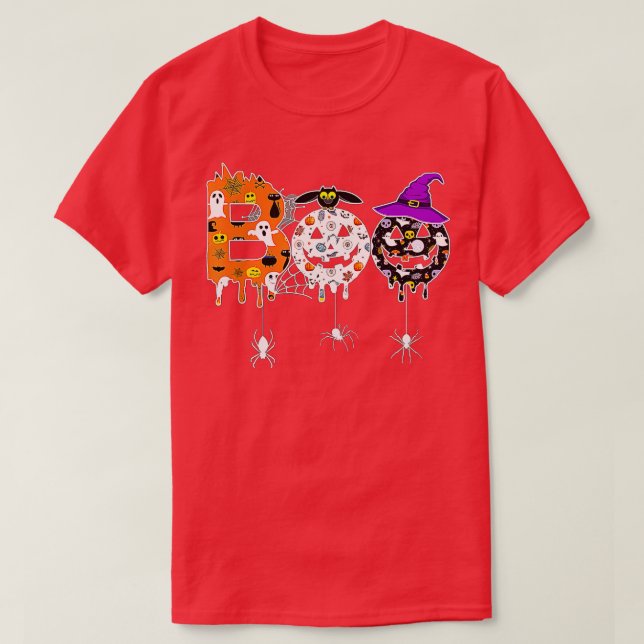 Happy Halloween Boo Spiders And Witch Hat Hallowee T-Shirt (Design Front)