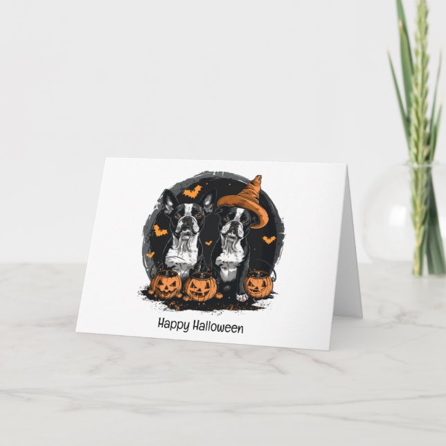 Happy Halloween Boston Terrier Dogs Holiday Card (Front)