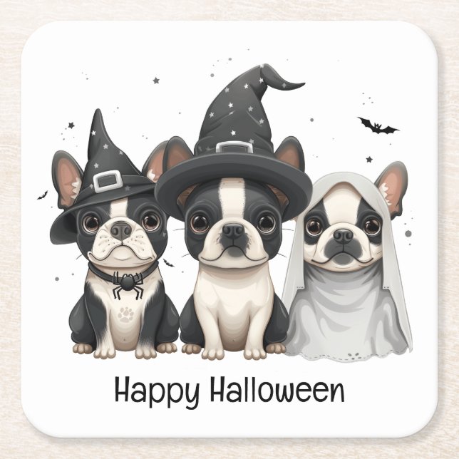 Happy Halloween Boston Terrier Dogs Square Paper Coaster (Front)