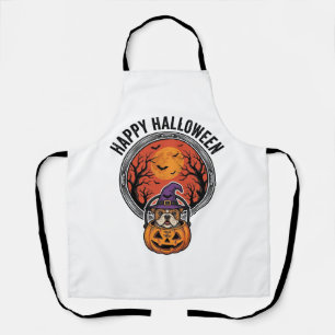 Happy Halloween Bulldog Witch Pumpkin Vintage Shir Apron