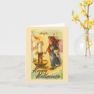 Happy Halloween Candlestick and Girl Vintage Card