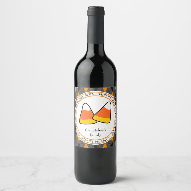 Happy Halloween (Candy Corn Argyle) Wine Label (Front)