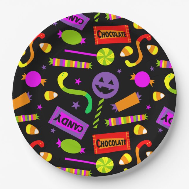 Happy Halloween Candy Pattern Paper Plate (Front)